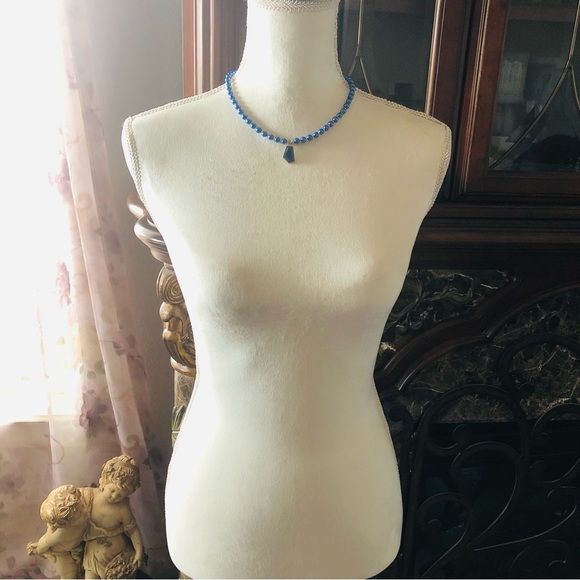 Handcrafted repurpose blue geometric glass pendant Czech glass Pearl necklace - Picture 6 of 9